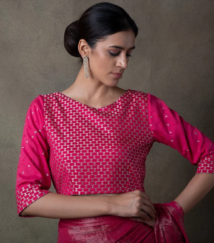 Hot Pink Embroidered Cotton Silk Blouse Satin Drape Blouse