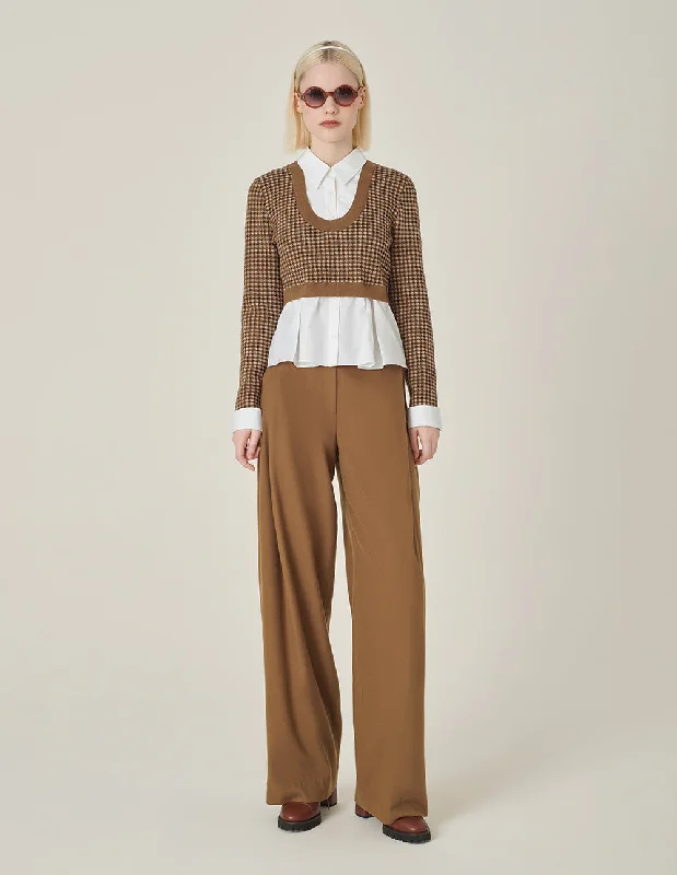 MARYLING Camel Checkered Patchwork Knit Blouse Feminine Tie Blouse