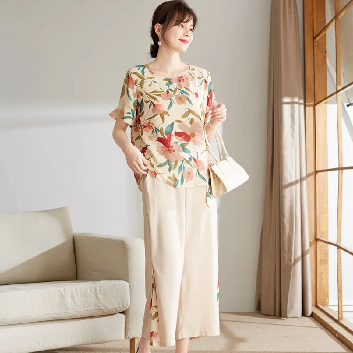 Women Summer Elegant Floral Short Sleeve Blouse And Loose Cropped Pants Office Chic Set Vintage Polka Blouse Women Summer Elegant Floral Short Sleeve Blouse And Loose Cropped Pants Office Chic Set Vintage Polka Blouse