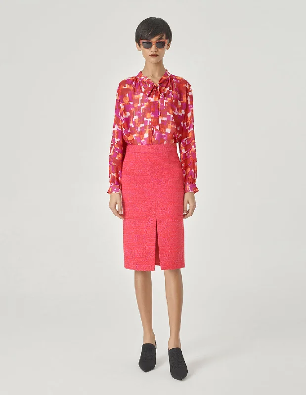 MARYLING Pink Checkered Bow Tie Printed Blouse Romantic Lace Blouse