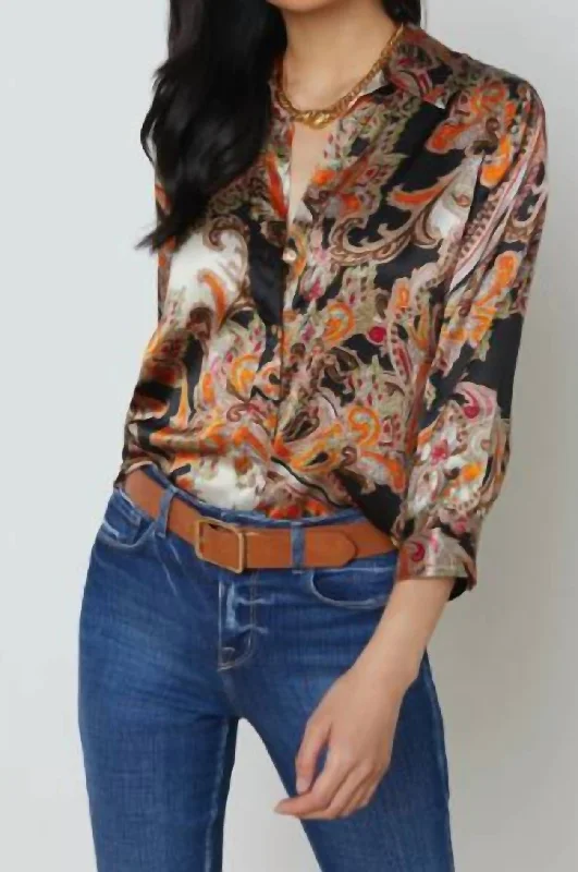 Dani 3/4 Sleeve Blouse In Tonal Tan Paisley Medllion Feminine Satin Blouse