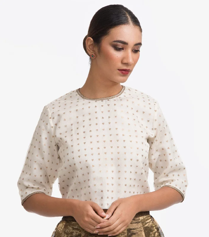 White Sequins embroidered Silk Blouse Floral Print Blouse