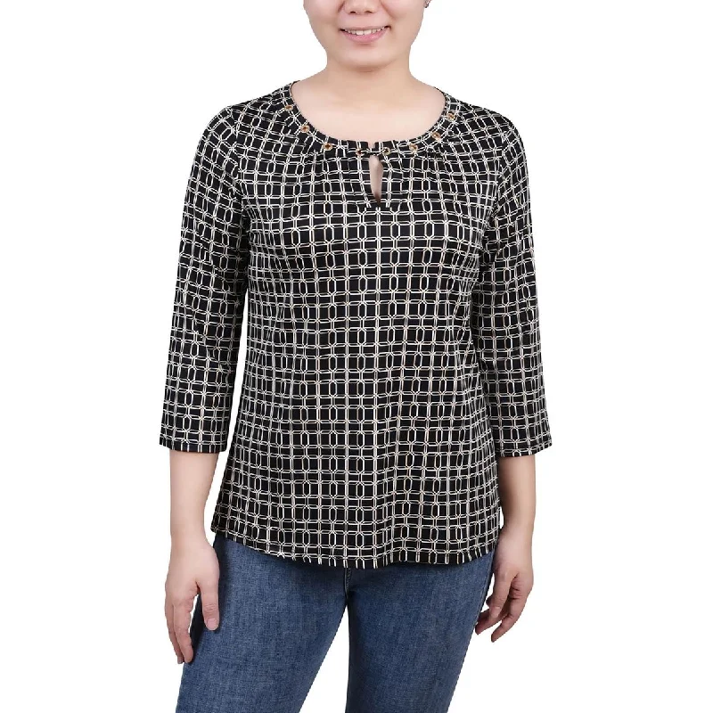 Petites Womens Printed 3/4 Sleeve Blouse Oversized Silk Blouse