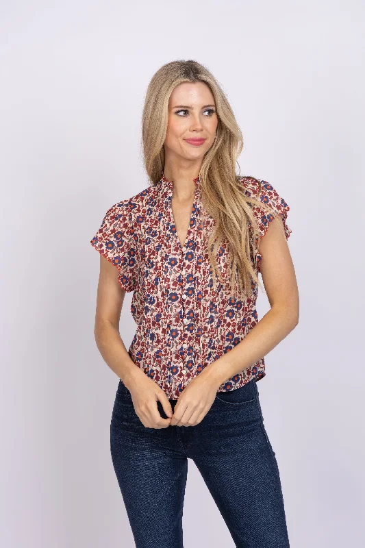 Trovata Cate Blouse Perennial Floral in Porcelain Ivy Office-Ready Blouse