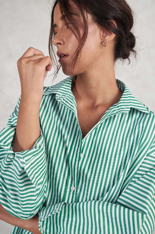Otto Shirt- Green/White Stripe-- Collared Crew Neck Turtle Neck
