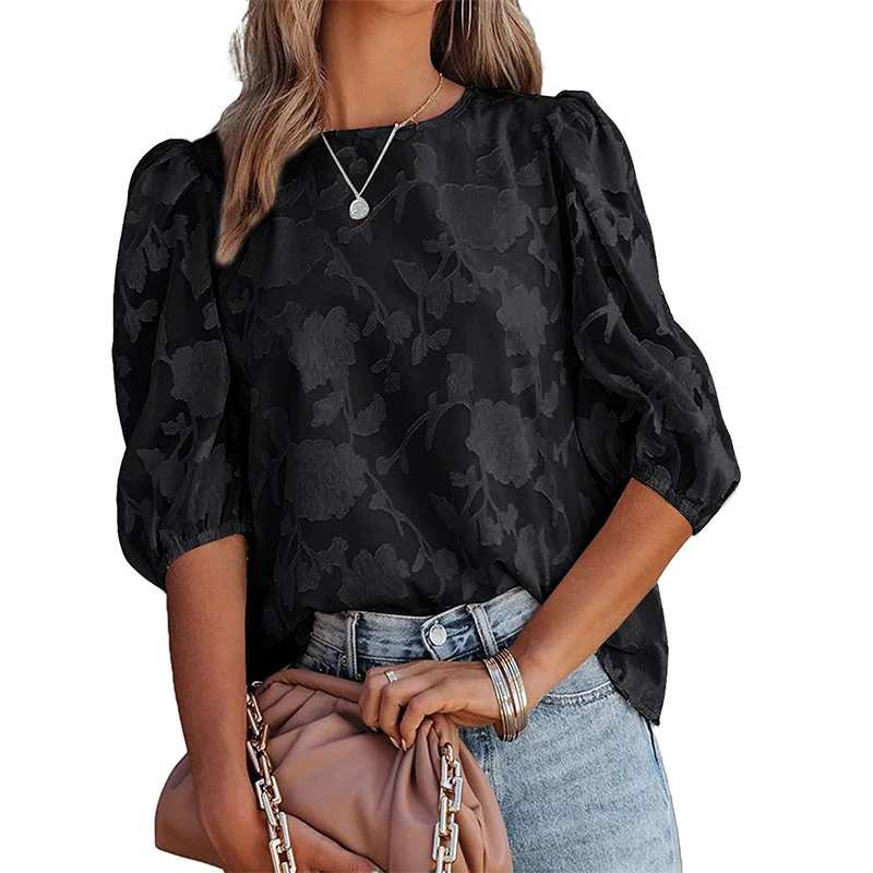 Women Summer Fashion Puff Sleeve Chiffon Floral Pattern Loose Blouse Drape Neck Blouse Women Summer Fashion Puff Sleeve Chiffon Floral Pattern Loose Blouse Drape Neck Blouse