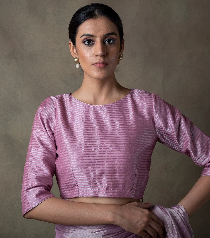 Onion Pink Silver Striped Tissue Blouse Mandarin Collar Blouse