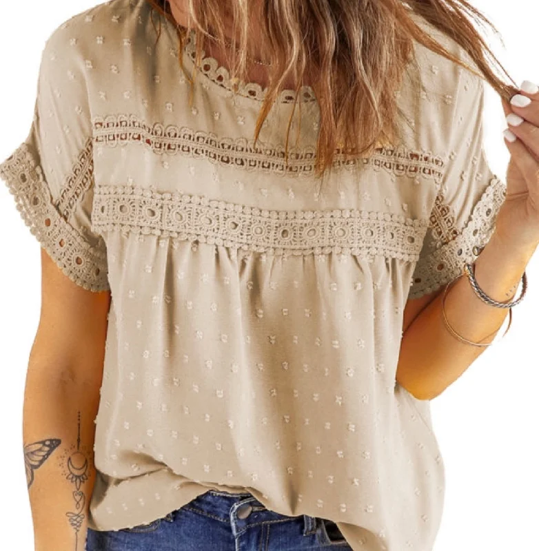 Beige Swiss Dot Crochet Eyelet Blouse Puff Sleeve Blouse
