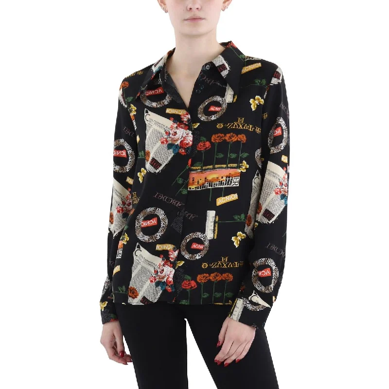 Womens Button Down Printed Blouse Balloon Sleeve Blouse