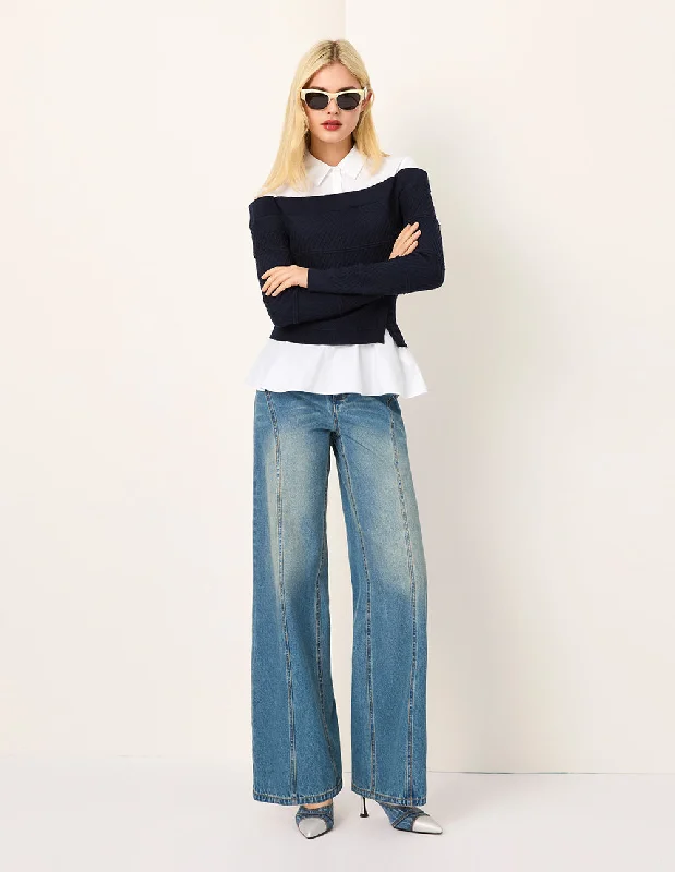 MARYLING Knitted Patchwork Long-Sleeve Knit Blouse Versatile Layering Blouse