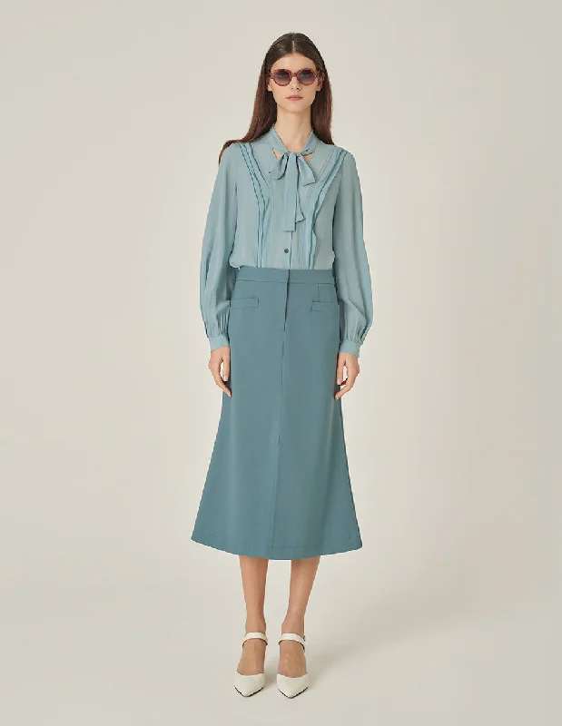 MARYLING Mist Blue Ruffled Silk Blouse With Ribbons Wrap Front Blouse