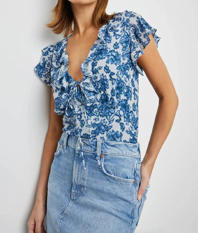 Carmine Floral Blouse In Chambray Delicate Pleat Blouse