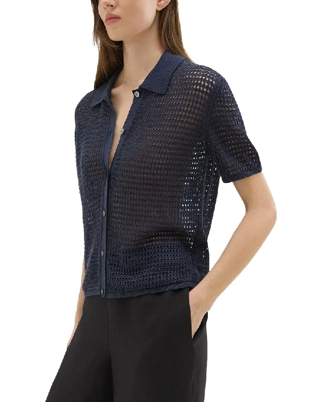 Theory Mesh Linen-Blend Shirt-- Asymmetrical Pockets Print