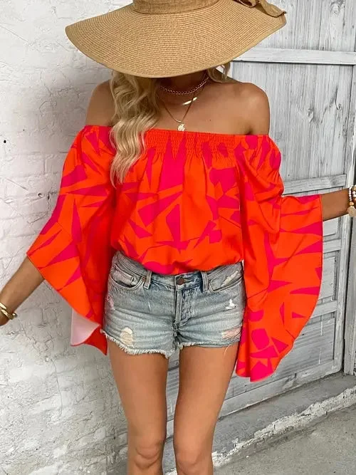 Printed Off-Shoulder Bell Sleeve Blouse Sleeveless Summer Blouse