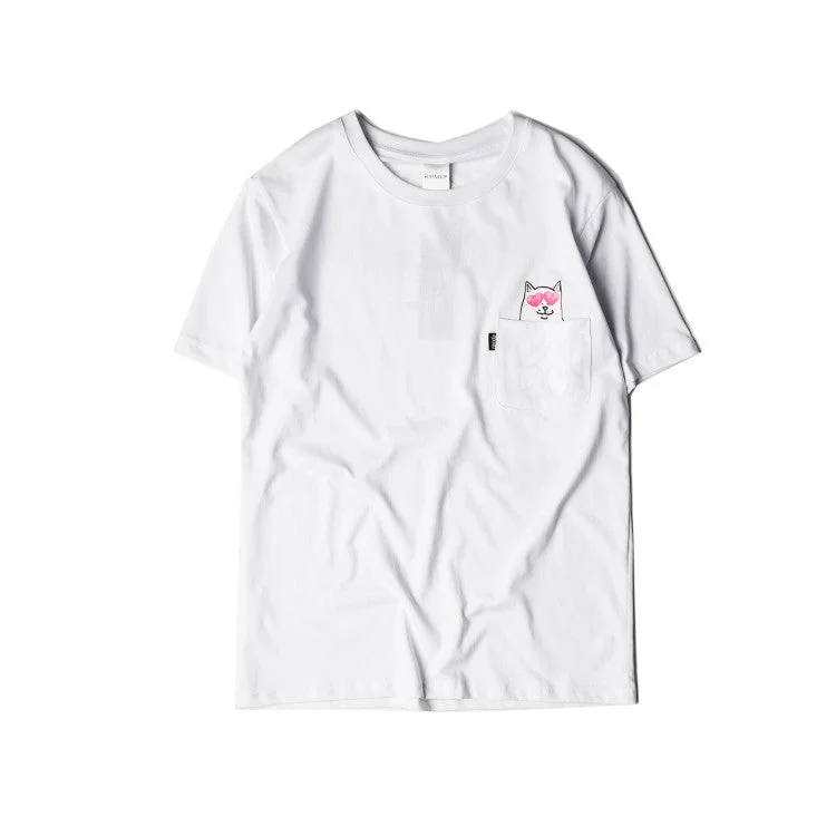 Hidden Pocket Cat Shirts (White)-- Print Jacquard Patchwork