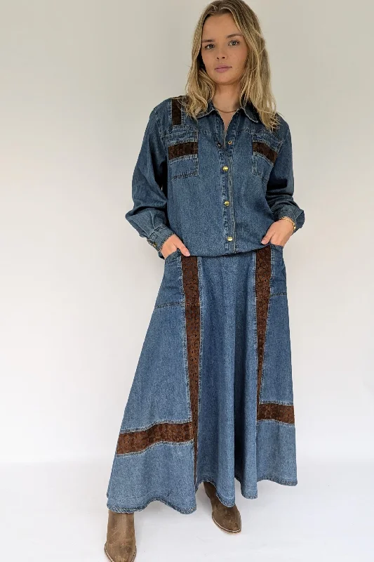1980s Denim Co-ord Maxi Skirt & Shirt Set-- Zippered Buttoned Snapped