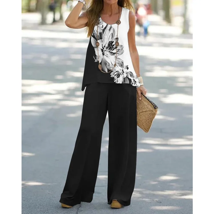 Summer Casual Women Floral Printed Sleeveless Blouse High Waist Pants Two-Piece Set Wrap Front Blouse Summer Casual Women Floral Printed Sleeveless Blouse High Waist Pants Two-Piece Set Wrap Front Blouse