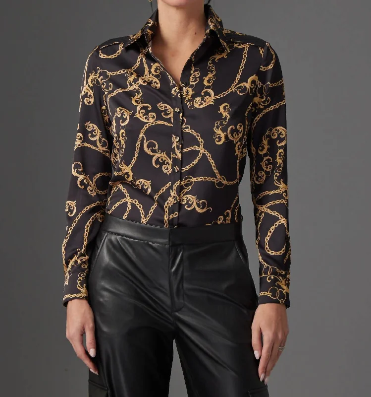 Maeve Blouse In Black Chain Print Satin Bow Blouse