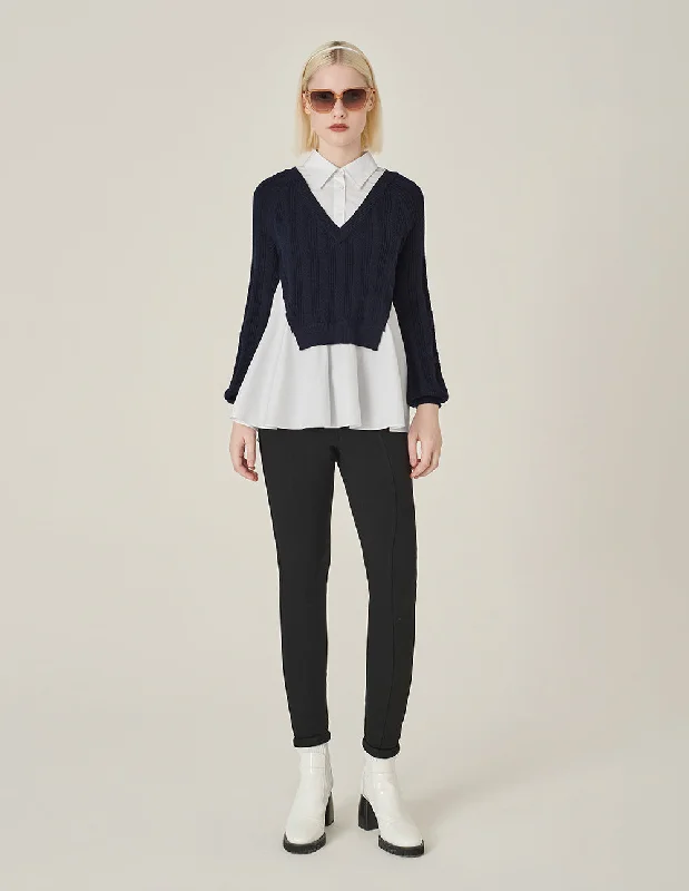 MARYLING Blue A& White Long-Sleeve Patchwork Knitted Blouse Puff Sleeve Blouse