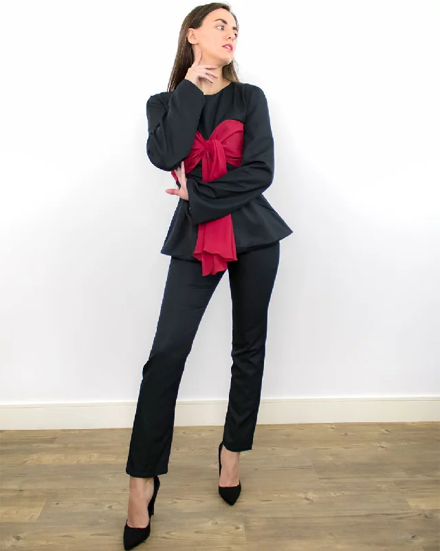 Annes Black Peplum Blouse with Bow Classic Striped Blouse