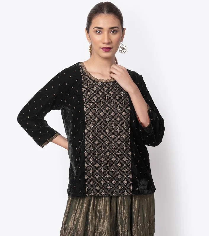 Black Embroidered Velvet Blouse Asymmetric Hem Blouse