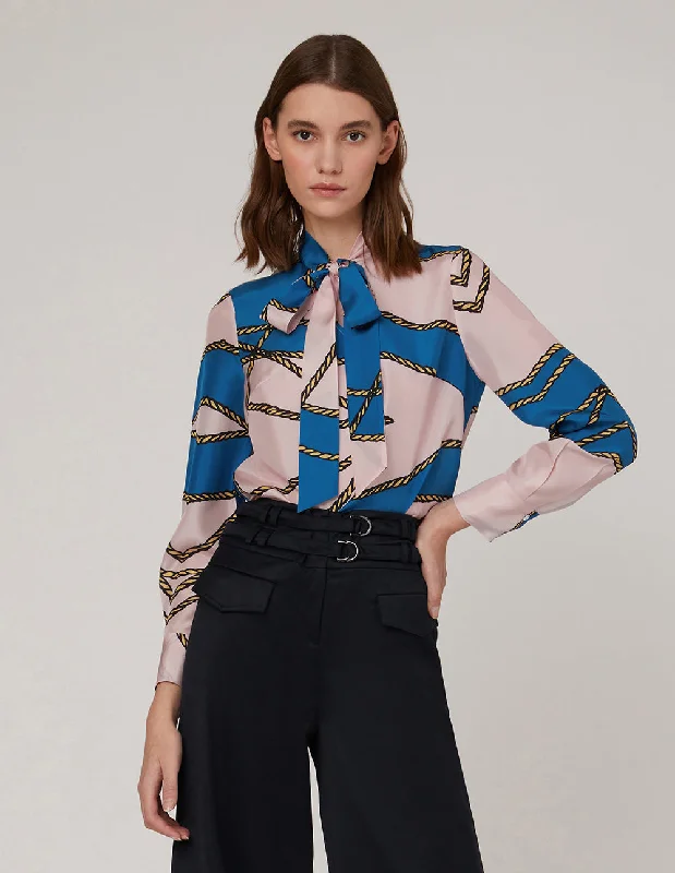 MARYLING TIE-NECK NAUTICAL PRINT BLOUSE Oversized Silk Blouse