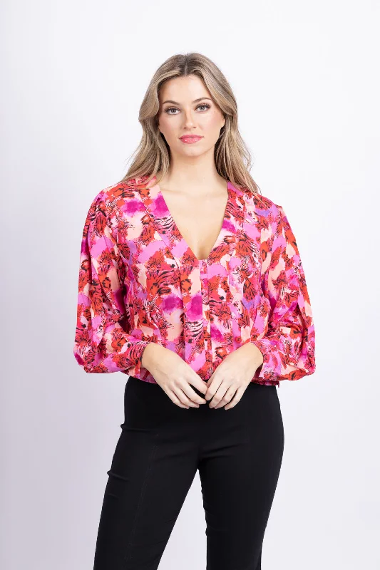 IRO Oralia Floral V-Neck Blouse in Pink Red Chic Off-Shoulder Blouse