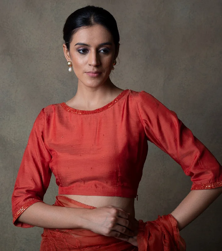 Rust Hand Embroidered Cotton Silk Blouse Ruched Sleeve Blouse