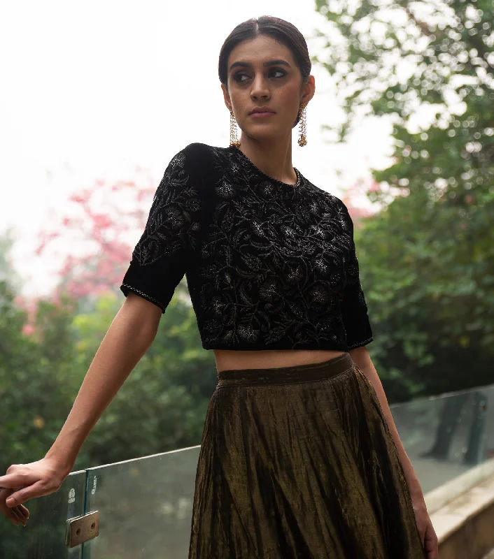 Black Hand Embroidered Velvet Blouse Casual Stripe Blouse