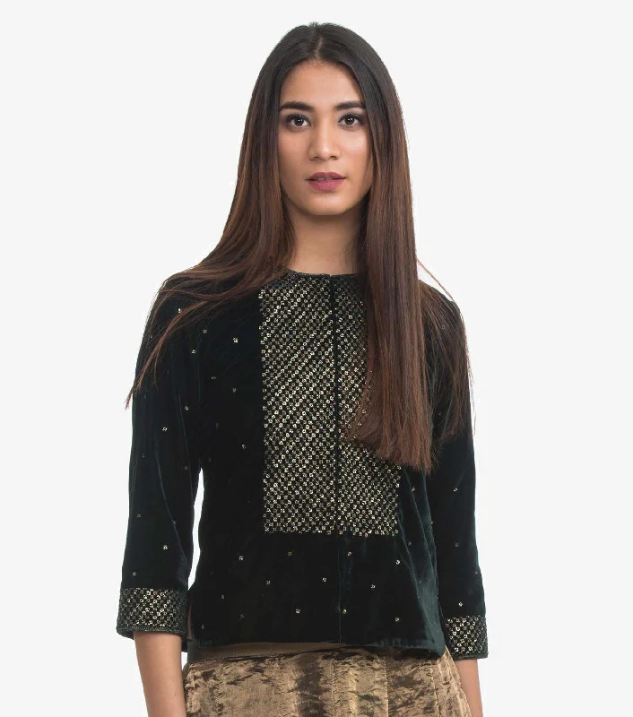 Emerald Green Embroidered Velvet Blouse Casual Relaxed Fit Blouse
