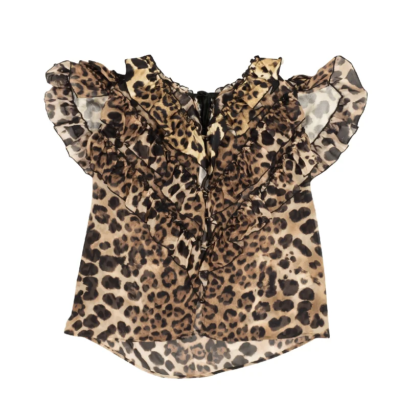 Rodarte Leopard Print Silk Short Sleeve Blouse - Brown Polished Work Blouse