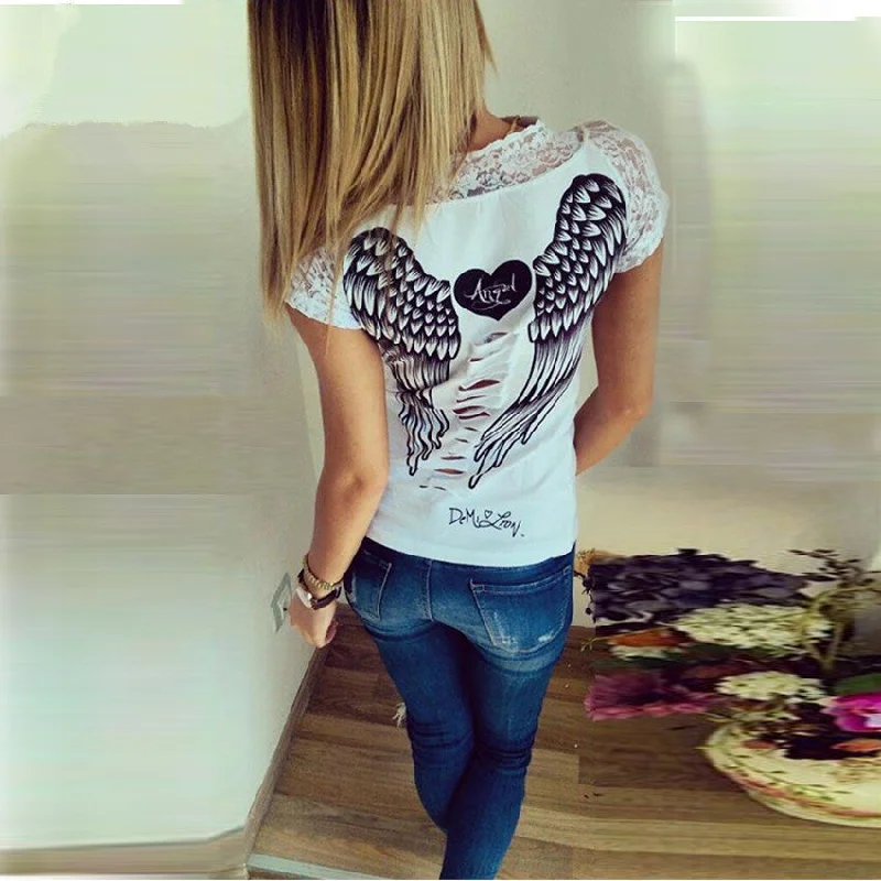 Fashion Women's T shirt Back Hollow Angel Wings T-shirt Tops Summer Style Woman Lace Short Sleeve Tops T shirts Clothing-- Front Pockets Side Pockets Patch Pockets Fashion Women's T shirt Back Hollow Angel Wings T-shirt Tops Summer Style Woman Lace Short Sleeve Tops T shirts Clothing-- Front Pockets Side Pockets Patch Pockets
