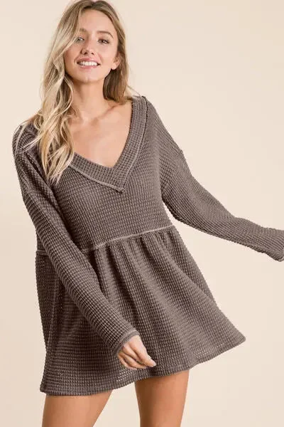 BiBi Waffle Knit V-Neck Babydoll Blouse Peter Pan Blouse