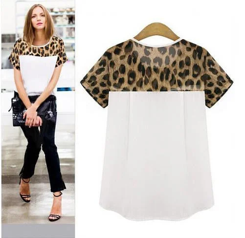 Woman blouses Chiffon clothing Leopard Print Patchwork Top Round Neck Short Sleeve Casual Clothing Floral Chiffon Blouse Woman blouses Chiffon clothing Leopard Print Patchwork Top Round Neck Short Sleeve Casual Clothing Floral Chiffon Blouse