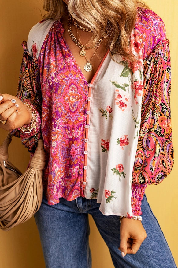 Floral Patchwork Shirred Cuff Buttoned V Neck Blouse Short Sleeve Blouse