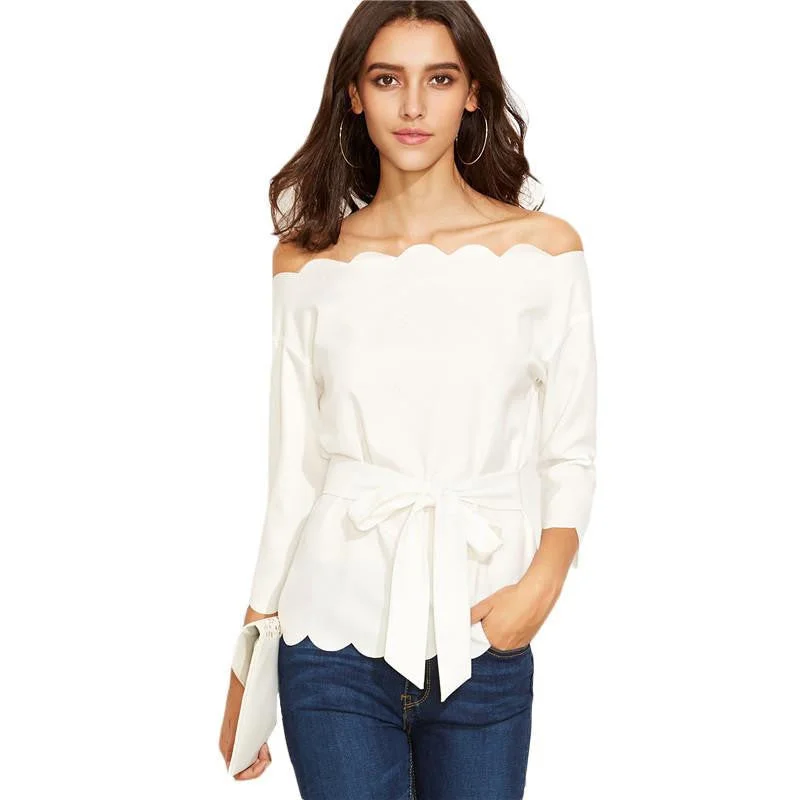 Womens Elegant Blouses and Tops For Ladies White Belted Scallop Trim Long Sleeve Off The Shoulder Blouse Casual Relaxed Fit Blouse