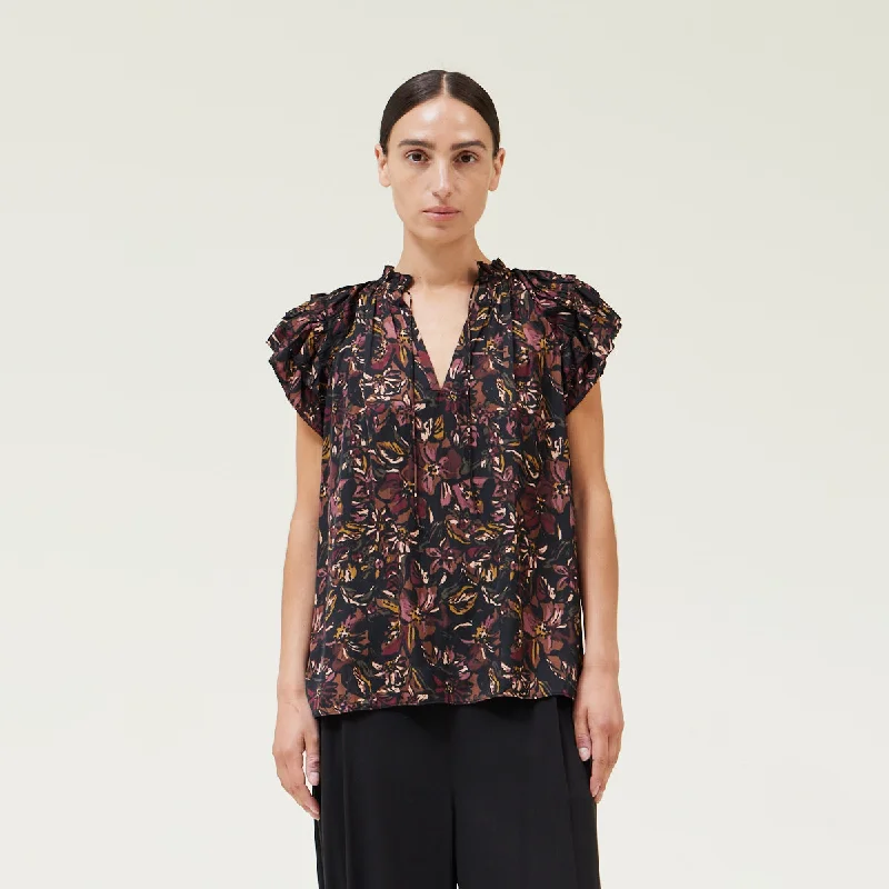 Grade & Gather - Printed Ruffle Sleeve Blouse - Black Silky Tunic Blouse