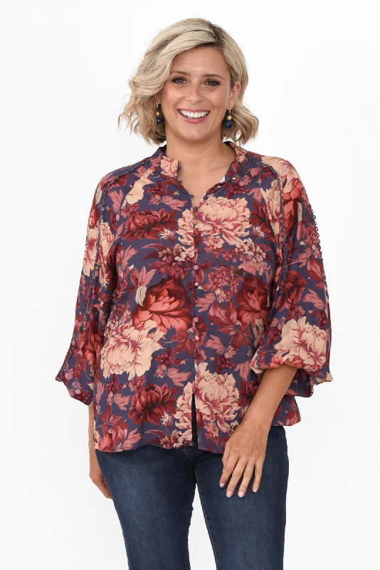 Berry Kiss Red Floral Linen Blend Blouse Ruched Sleeve Blouse
