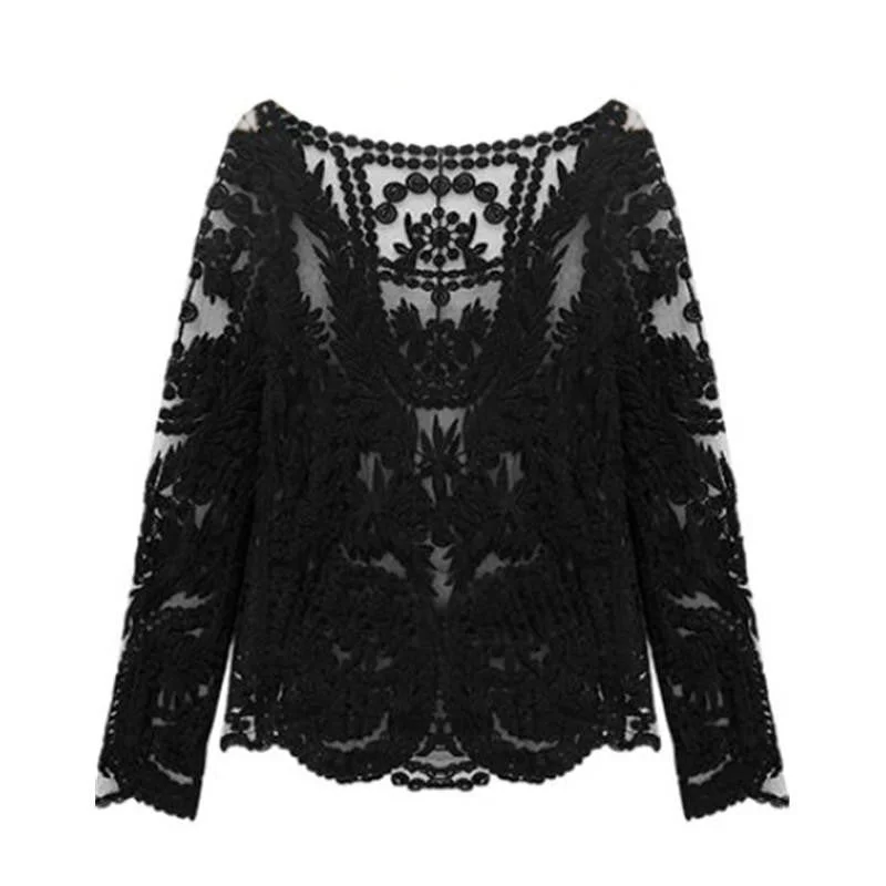 SheIn Women Lace Tops Romantic Black Tees Round Neck Long Sleeve Hollow Out Lady Crochet Sheer Plain Blouse Loose Oversized Blouse SheIn Women Lace Tops Romantic Black Tees Round Neck Long Sleeve Hollow Out Lady Crochet Sheer Plain Blouse Loose Oversized Blouse
