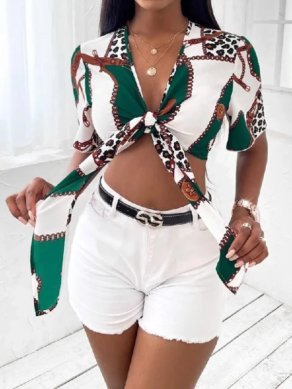 Women'S Sexy Digital Printing Short Sleeve Cropped Blouse Chic Off-Shoulder Blouse