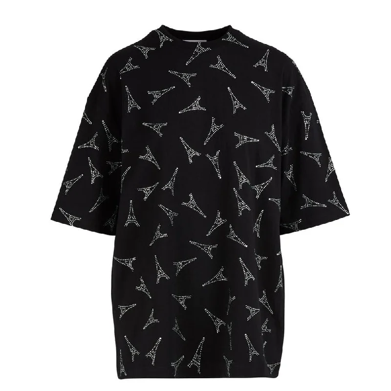 Balenciaga Women's Paris Eiffel Tower Rhinestone Cotton T-Shirt Black-- Print Jacquard Patchwork Balenciaga Women's Paris Eiffel Tower Rhinestone Cotton T-Shirt Black-- Print Jacquard Patchwork