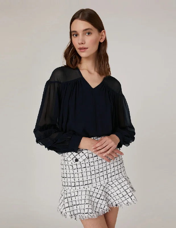 MARYLING V-Neck Boxy-Fit Puff Sleeves Silk Blouse Elegant Lace Blouse