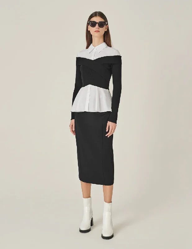 MARYLING Black & White Contrast Patchwork Knitted Long-Sleeved Blouse Loose Fit Blouse