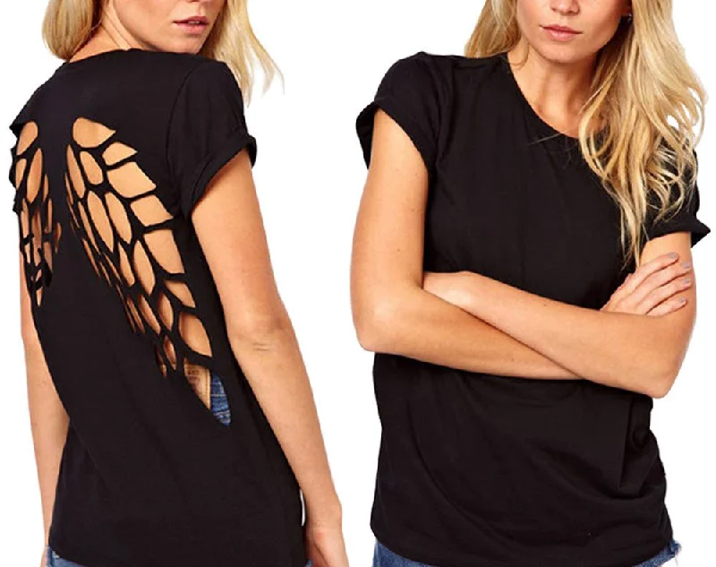 Summer T-shirts Angel Wings Short Sleeve 0-Neck Women Casual Shirts Backless Casual Tops Black White Plus Size S-XXXL-- Notch Collar Peter Pan Collar Cowl Neck Summer T-shirts Angel Wings Short Sleeve 0-Neck Women Casual Shirts Backless Casual Tops Black White Plus Size S-XXXL-- Notch Collar Peter Pan Collar Cowl Neck