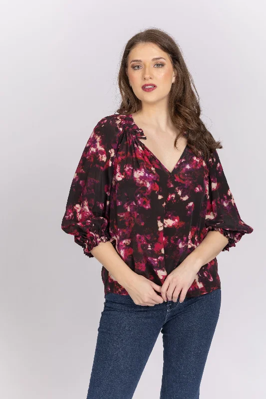 Gilner Farrar Ellie Blouse in Moody Floral Semi-Sheer Blouse