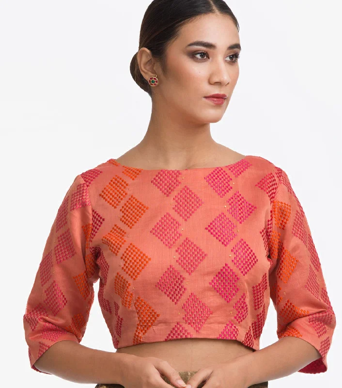 Coral Embroidered Chanderi Blouse Airy Cotton Blouse