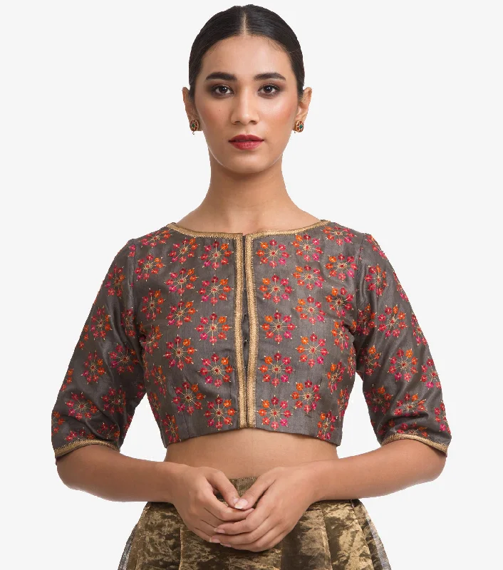 Grey Embroidered Silk Blouse Feminine Satin Blouse