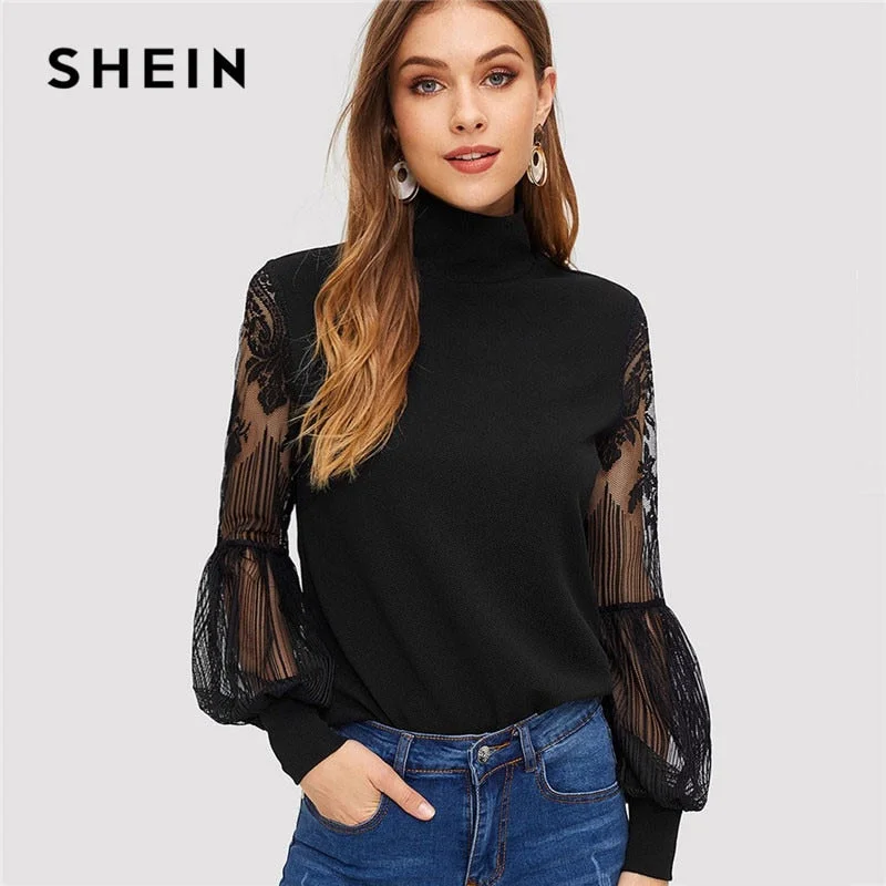 SHEIN Women High Neck Lace Lantern Sleeve Top Fashion Mesh Blouse Women's Long Sleeve Pattern Printing Ladies Tops Sleeveless Chiffon Blouse SHEIN Women High Neck Lace Lantern Sleeve Top Fashion Mesh Blouse Women's Long Sleeve Pattern Printing Ladies Tops Sleeveless Chiffon Blouse