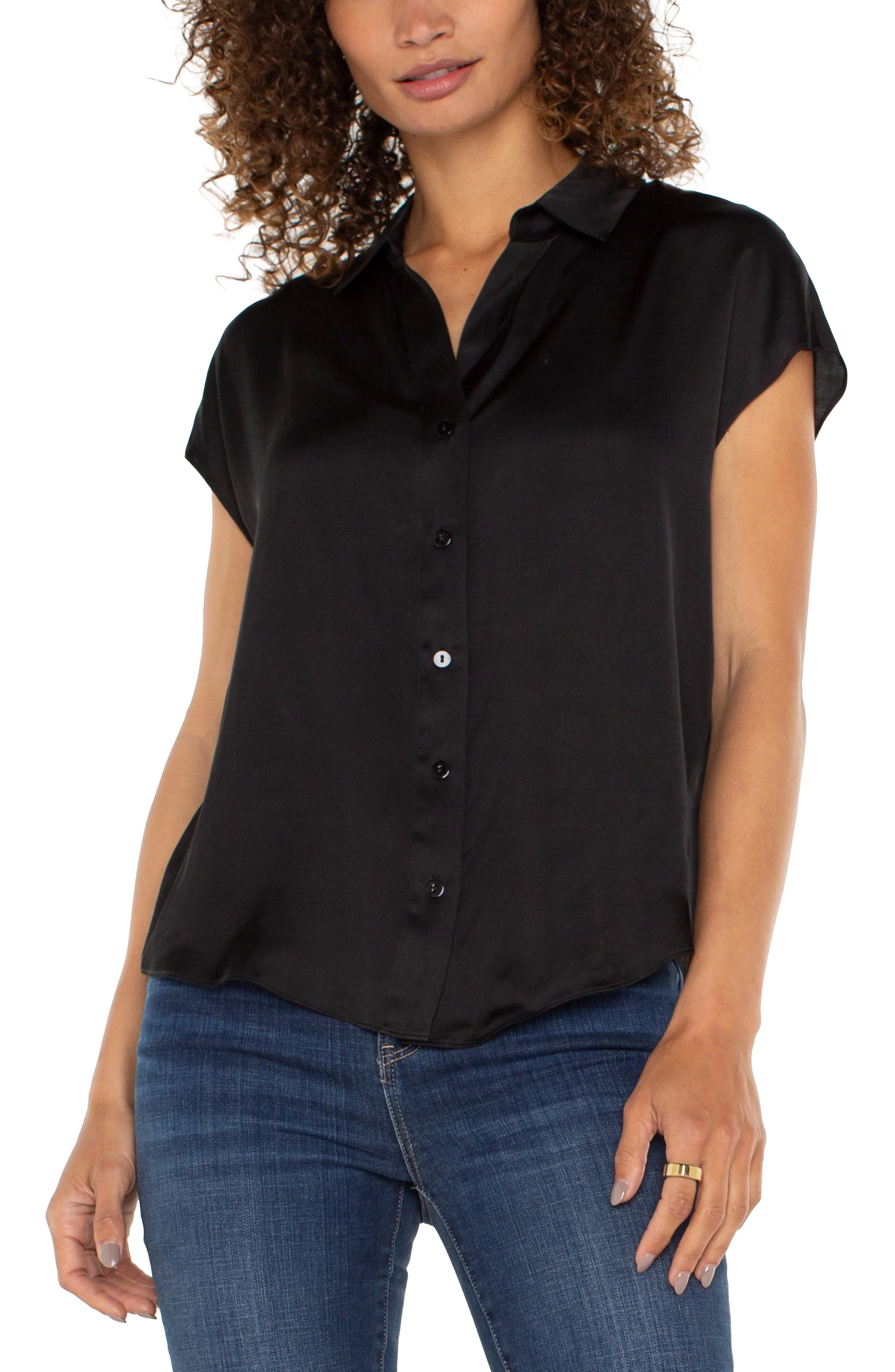 Button Front Dolman Sleeve Blouse - Black Double Button Blouse