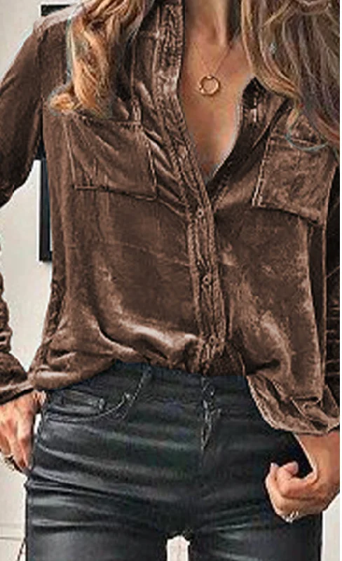 Brown Vintage Velvet Pocket Long Sleeve Blouse Satin Long Blouse